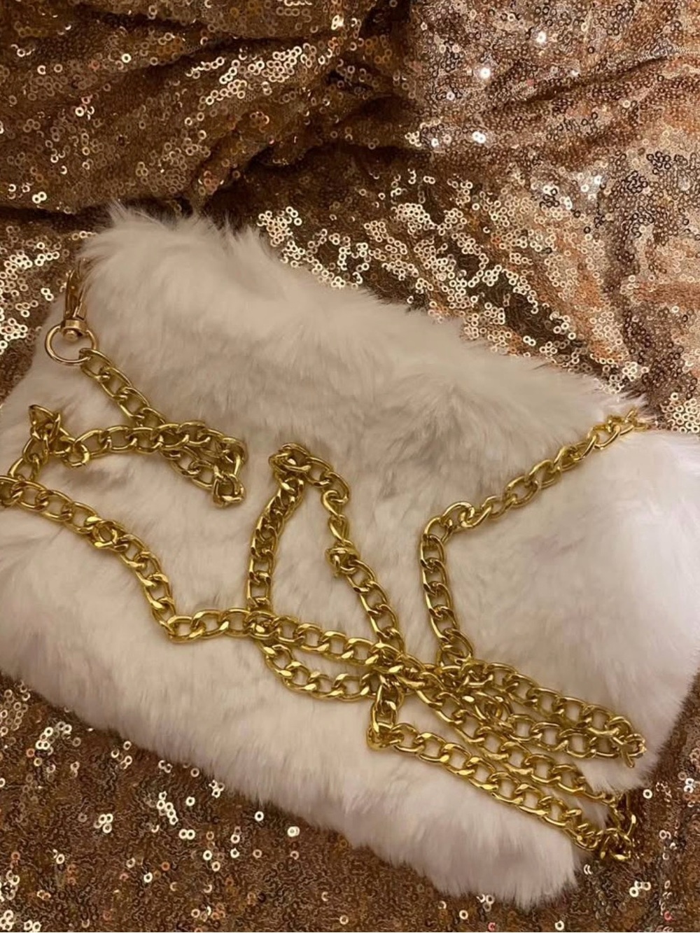 Faux Fur White Clutch with Gold Chain Strap